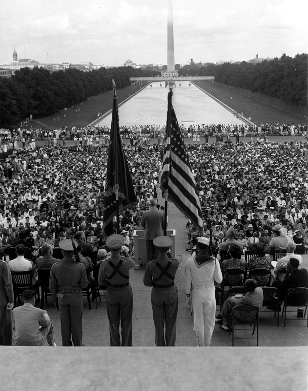 President Truman makes historic address at the NAACP 38th annual conference of the NAACP at Lincoln Memorial; photo courtesy Truman Library