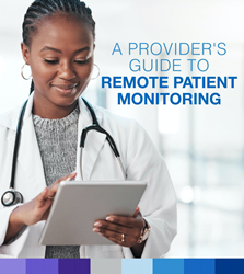 TriageLogic's ebook, A Provider's Guide to Remote Patient Monitoring, includes a female physician checking patient vitals on a tablet.