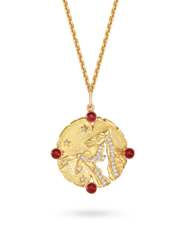 Night Star Medallion by Karina Brez. 18K Yellow Gold, Garnets and Diamonds