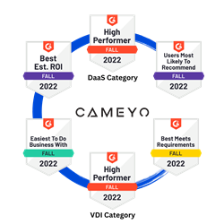 Badges for the six awards Cameyo earned in G2's Fall 2022 reports for both DaaS and VDI solutions.