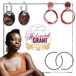 Ope Omojola, Founder of Octave Jewelry with a pair of her Aura collection hoops and a pair of Charm collection hoops