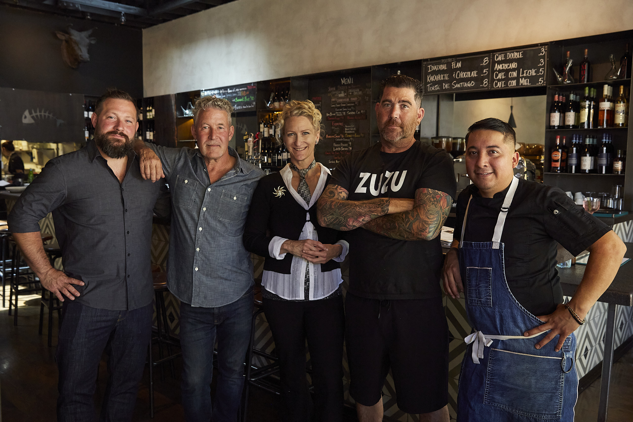The ZuZu team includes: Josh Weed, Bar Manager; Mick Salyer, Proprietor; Jenn Anderson, Pastry Chef + Events; Ben Robinson, Prince of Paella ; Armando Ramirez, Chef + Culinary Partner.