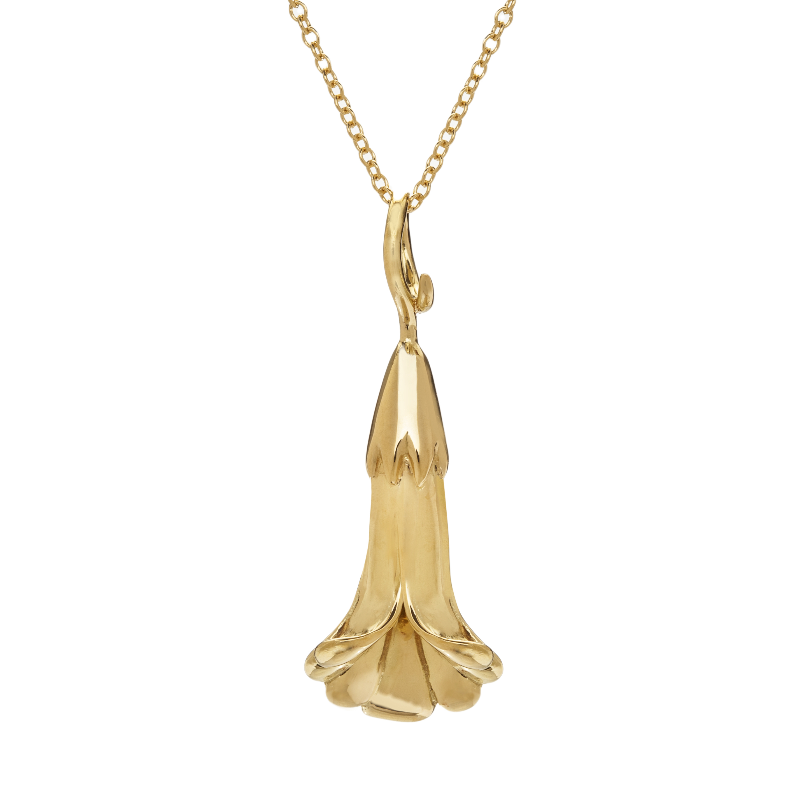 Christina Malle Fairmined Gold 18 Karat Longflower Necklace, on a 18 Karat Fairmined Gold Chain. The Flora Collection