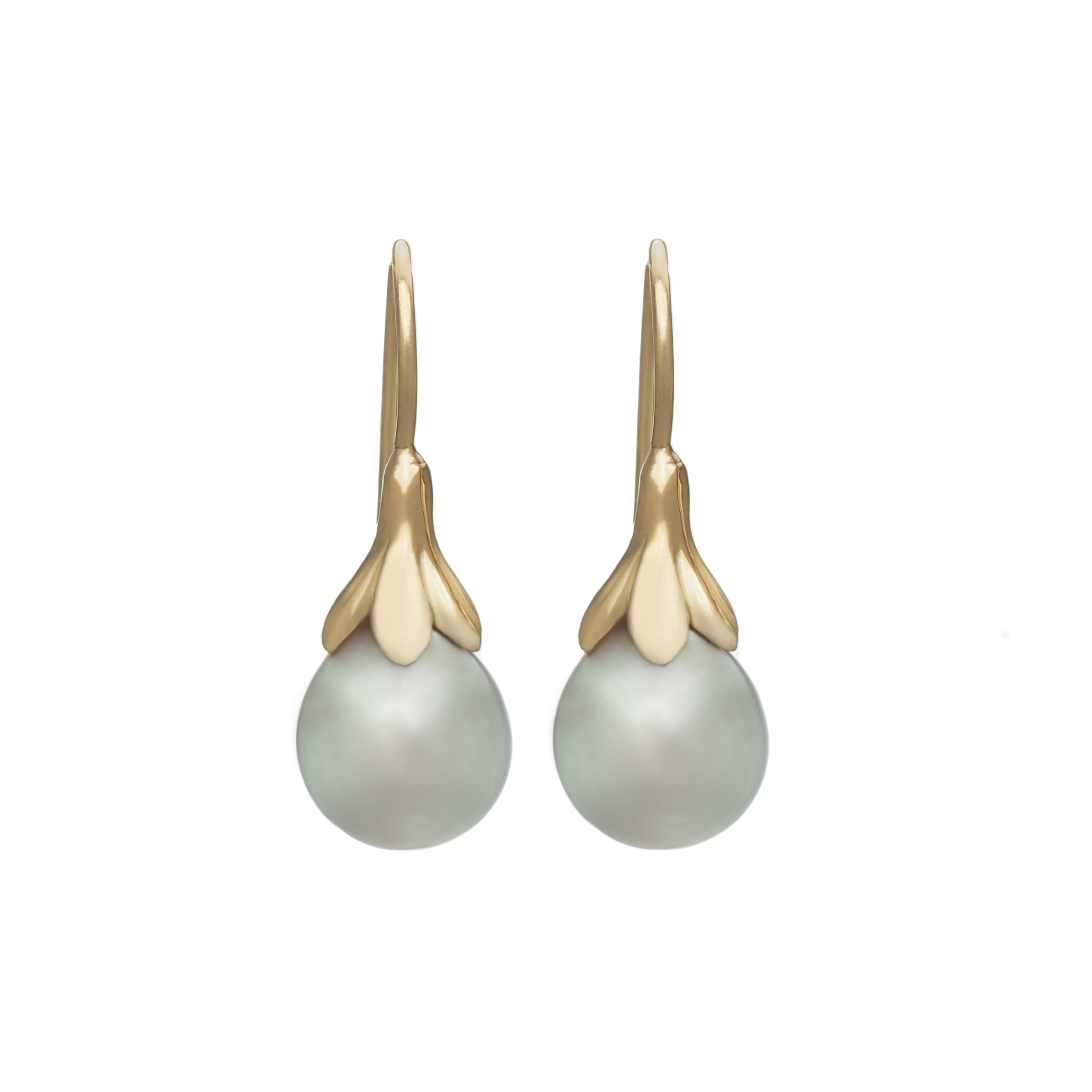 Christina Malle Fairmined Gold Berry Leaf Earrings, with Sea of Cortez Pearls. The Flora Collection