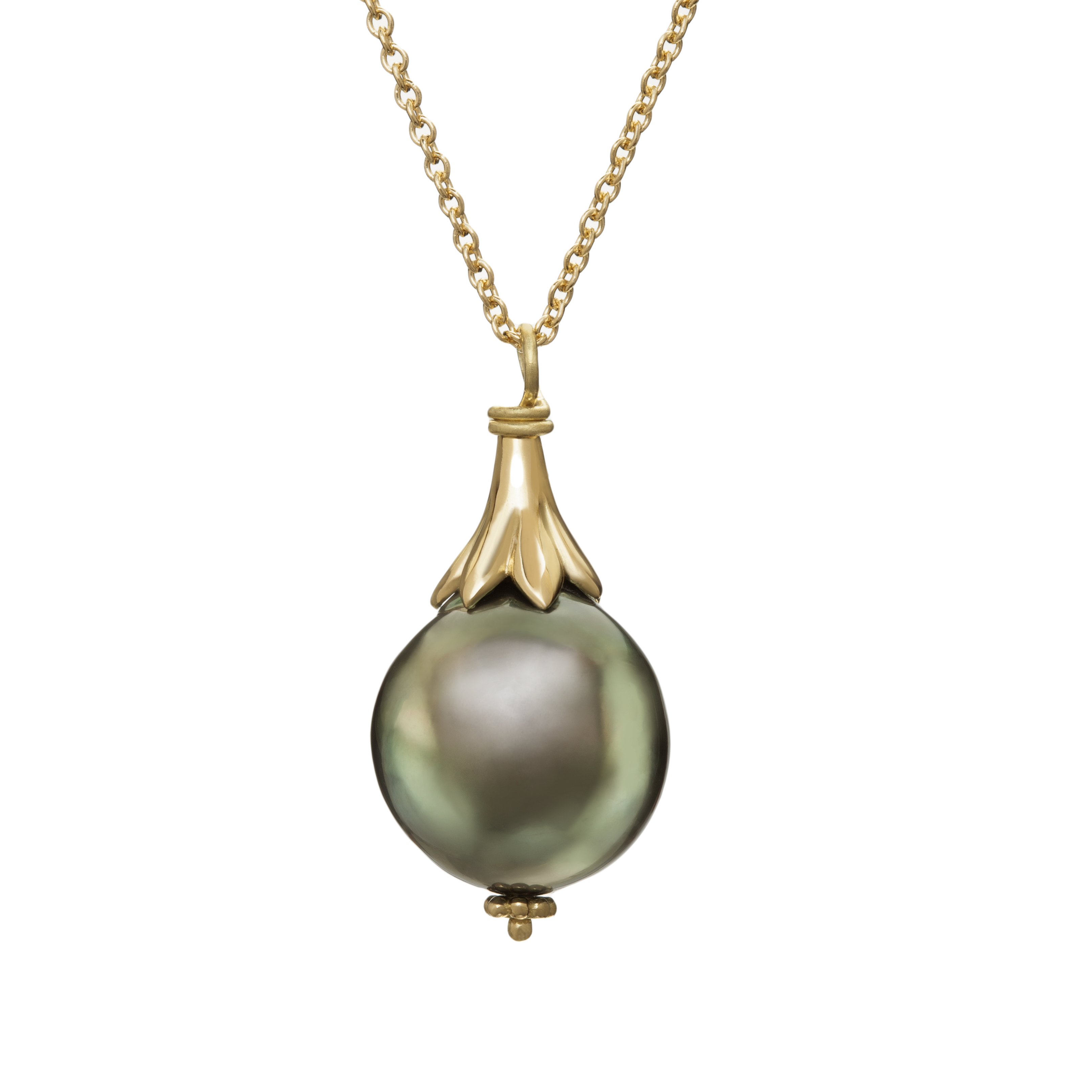 Christina Malle Fairmined Jewelry Berry Leaf 18 Karat Fairmined Gold and Tahitian South Sea Pearl, on Fairmined 18 Karat Gold. The Flora Collection