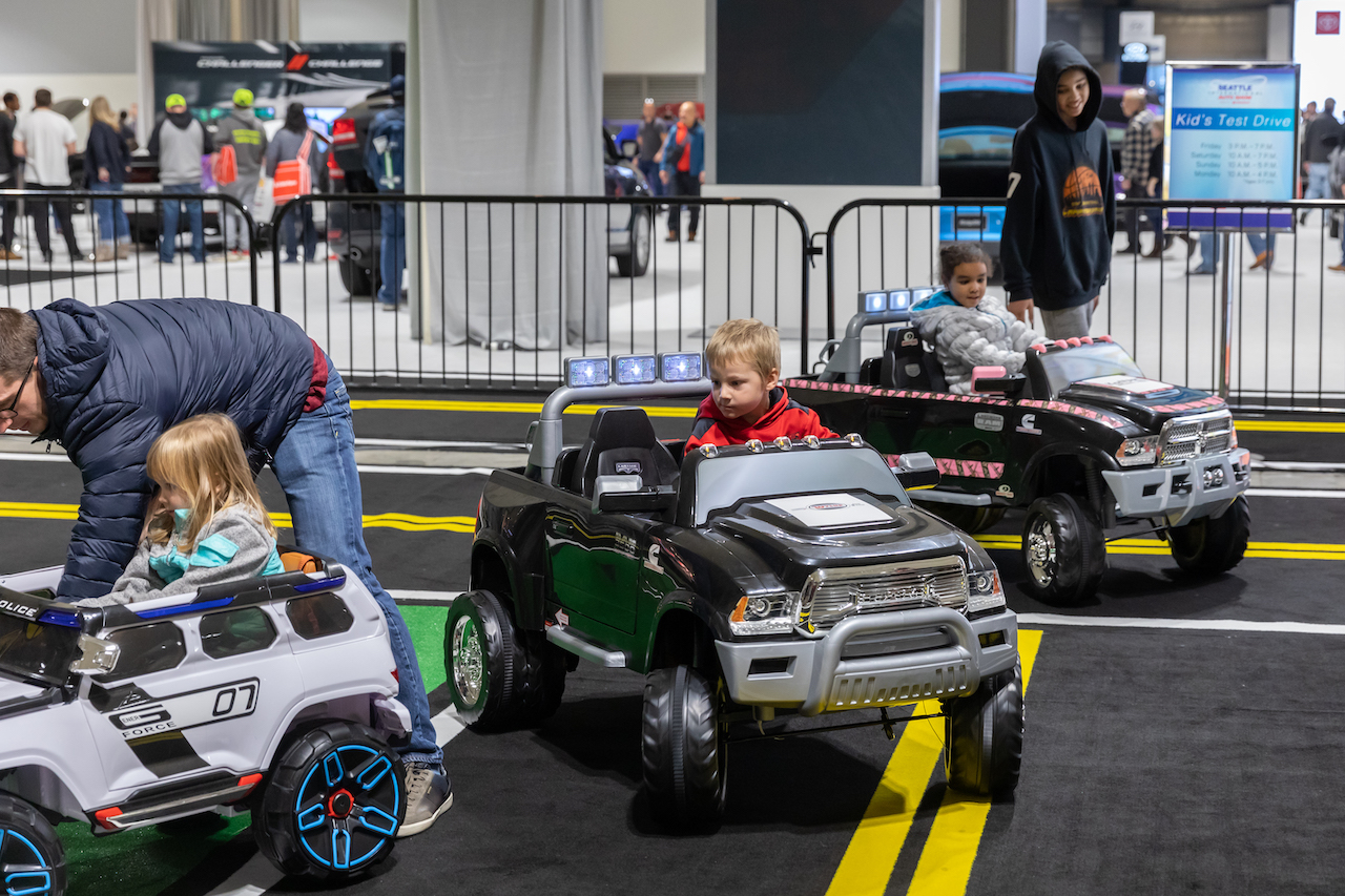 There’s plenty of fun for kids at the Seattle International Auto show.They can test drive a variety of battery-powered cars on a special track just for them.