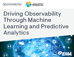 Text: Driving Observability Through Machine Learning and Predictive Analytics | Graphics: EMA logo, Elastic logo, abstract image of the globe with technology icons