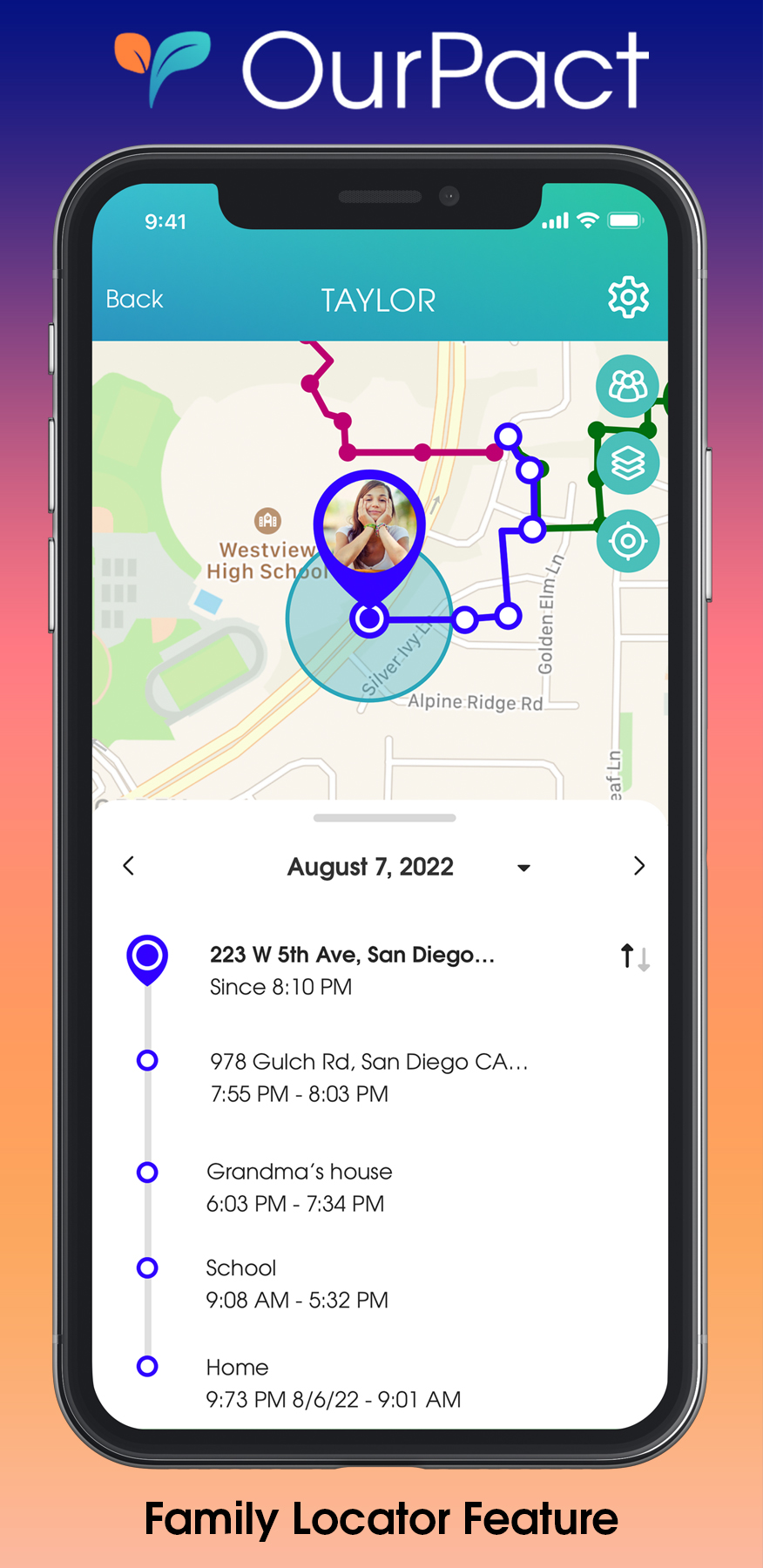 OurPact's enhanced Family Locator Tool allows parents to follow their kids 24/7 with precise location and history tracking