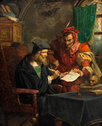 The character Faust signs his soul away to Mephistofle -- the devil -- in a painting by Eugène Siberdt