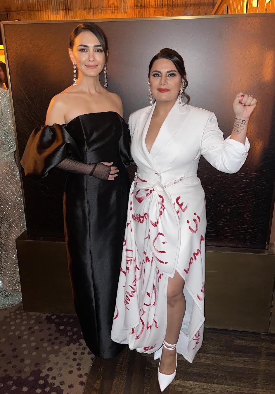 Nazanin Boniadi and Behnaz Gharamani at the Glamour Women of the Year Awards. Gharamani styled by Engie Hassan in Zaid Farouki couture to Honor Iranian Women