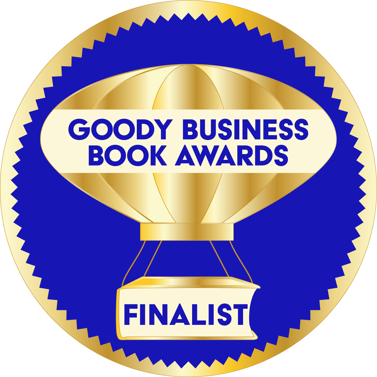 The Goody Business Book Awards awards seal is a hot air balloon with a basket as a book to represent their mission to "Uplift Author Voices" so they can stand out in a sea of millions published today.
