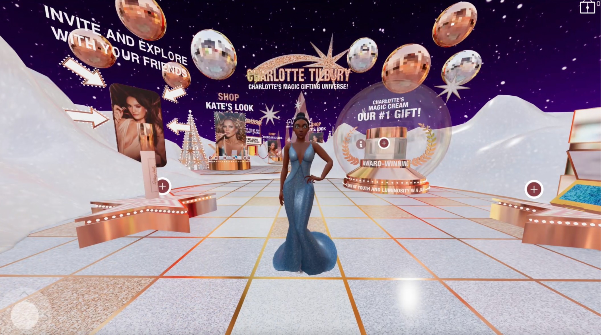 Avatar standing in the Charlotte Tilbury Beauty Realm holiday wonderland