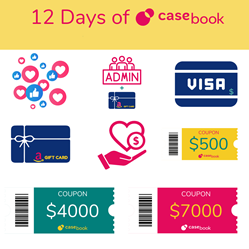 12 Days of Casebook - Some of the awards are shown: Social Media shoutout showing with cascading emojiis, an image of a visa gift card, another of an amazon gift card and an icon showing free admin users. Another image of an amazon gift card, along with Casebook Coupons with values of $500, $4000, and $7000 toward the purchase of Casebook.