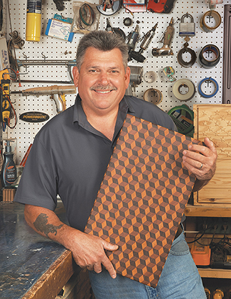Alex Snodgrass displays 3D End-Grain Cutting Board students will make during his classes at Woodcraft stores.