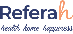 Text logo spelling Referah: health home happiness in blue except the letter h in orange.