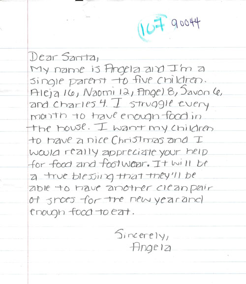 This moving letter was chosen for adoption by a BeAnElf.org volunteer. Donations by the public to the charity fund its letter adoption.