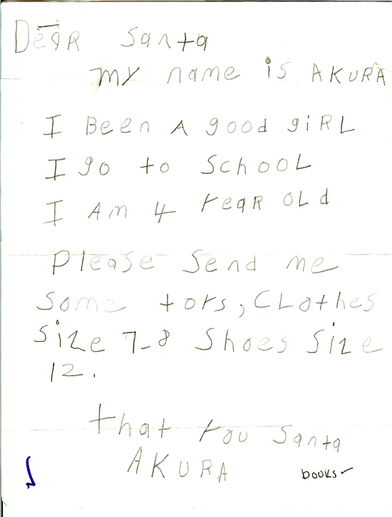 Akura's letter touched an Operation Santa volunteer at Christmas, and was adopted.