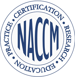 Logo for the National Academy of Certified Care Managers - with the acronym NACCM in the center of a circle, surrounded by the words Certification, Research, Education, and Practice.