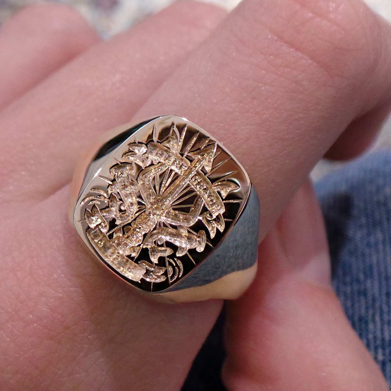 Hammerhead Signet Ring, by Rebus. 9K Yellow Gold 16x13mm Cushion Signet Ring with Bespoke Seal Engraving