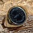 Fish and Onyx Signet Ring, by Rebus. 9K Yellow Gold 14x12mm Stone Set Oval Signet Ring (14x12mm) with Bespoke Seal Engraving