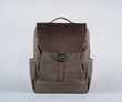 Miles Laptop Backpack: waxed canvas with chocolate leather flap. Fits a 16-inch MacBook Pro or similar PC and 12.9-inch iPad or similar tablet