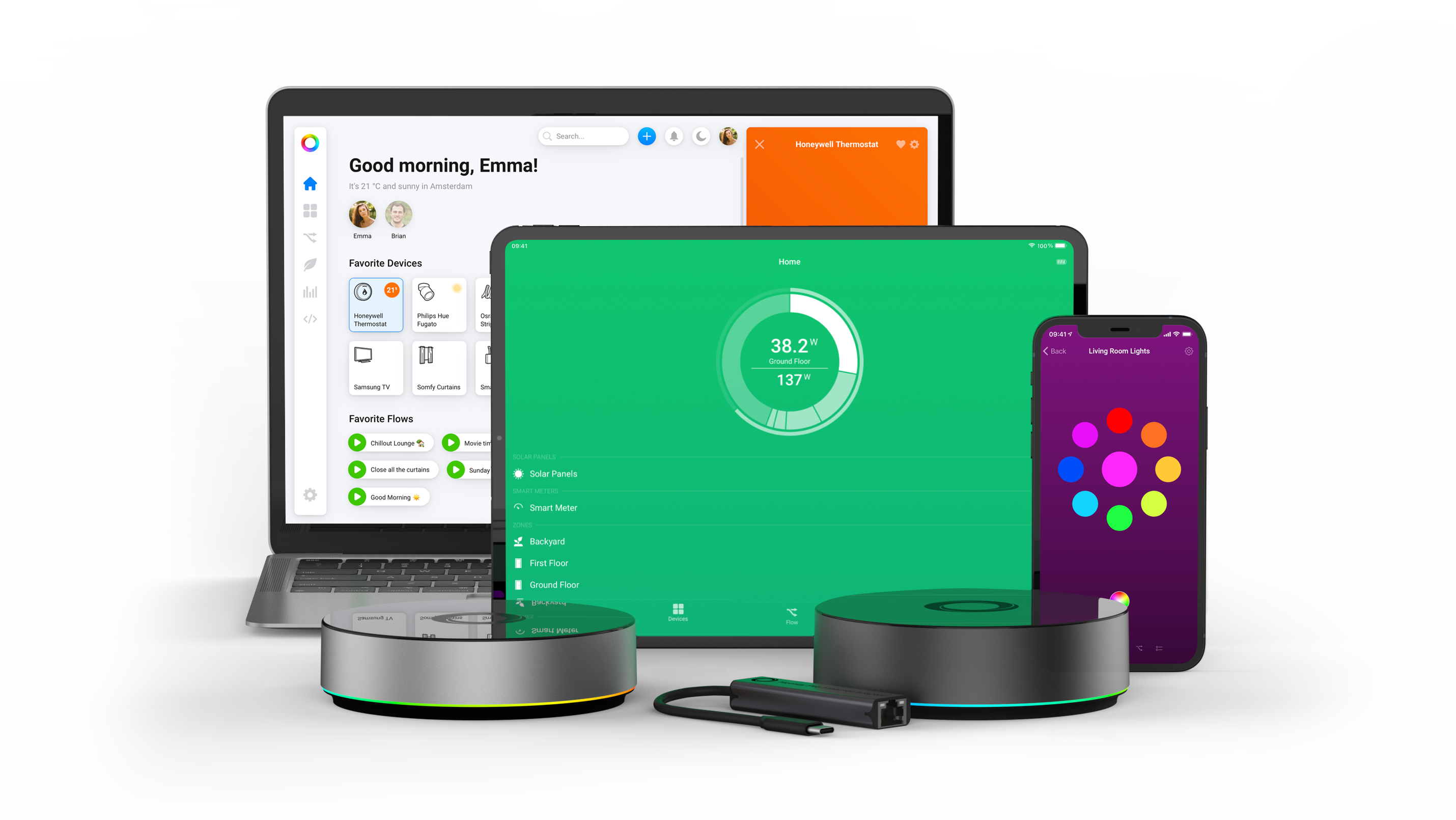 Homey: Privacy-first smart home solutions, including Homey Bridge (L), Homey Pro Early 2023 (R) and the Homey app for phone, tablet and web