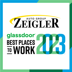 Graphic with Zeigler Auto Group logo and glassdoor Best Places to Work 2023 logo on white background with blue, green and deep green border