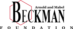 This image features the words Arnold and Mabel Beckman Foundation in black lettering stacked in three lines, where the word Beckman appears on the middle line and in a larger, more prominent size. It has a red hexagon layered behind it for visual interest, as the image is composed as a logo for the organization.