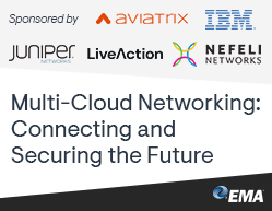 Text: Multi-Cloud Networking: Connecting and Securing the Future | Graphics: logos from EMA, Aviatrix, IBM, Juniper Networks, LiveAction Networks, and Nefeli Networks