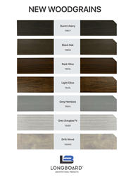 Graphic depicting seven new grey and darker tone woodgrain finishes and their names and product codes, as well as Longboard Architectural Products logo