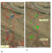 Figure 2: Exploration methods deployed in 2022 field season with target areas highlighted (a) Soil sampling campaign grids (b) Rock chip samples, sampling locations in green