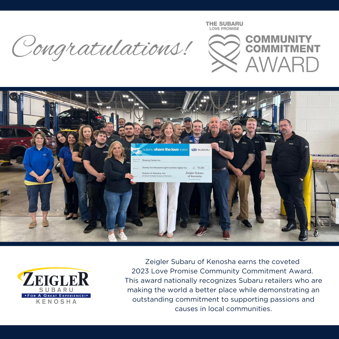 The Zeigler Subaru of Kenosha team present charity the Sharing Center with a $25,885 donation