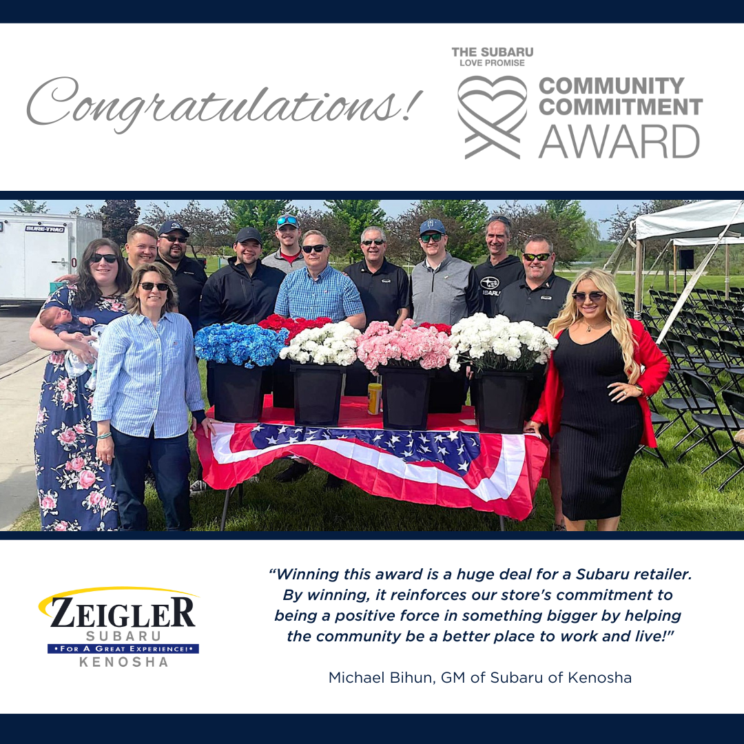 Zeigler Subaru of  Kenosha GM Mike Bihun pictured with team members from the dealership at a Memorial Day event for fallen heroes