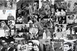 A black and white montage of historic same-sex couples celebrating marriage.