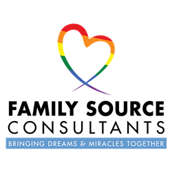 Rainbow colors in a heart shape above the words Family Source Consultants in bold black font, above the words bringing dreams & miracles together in white font in a blue rectangle.