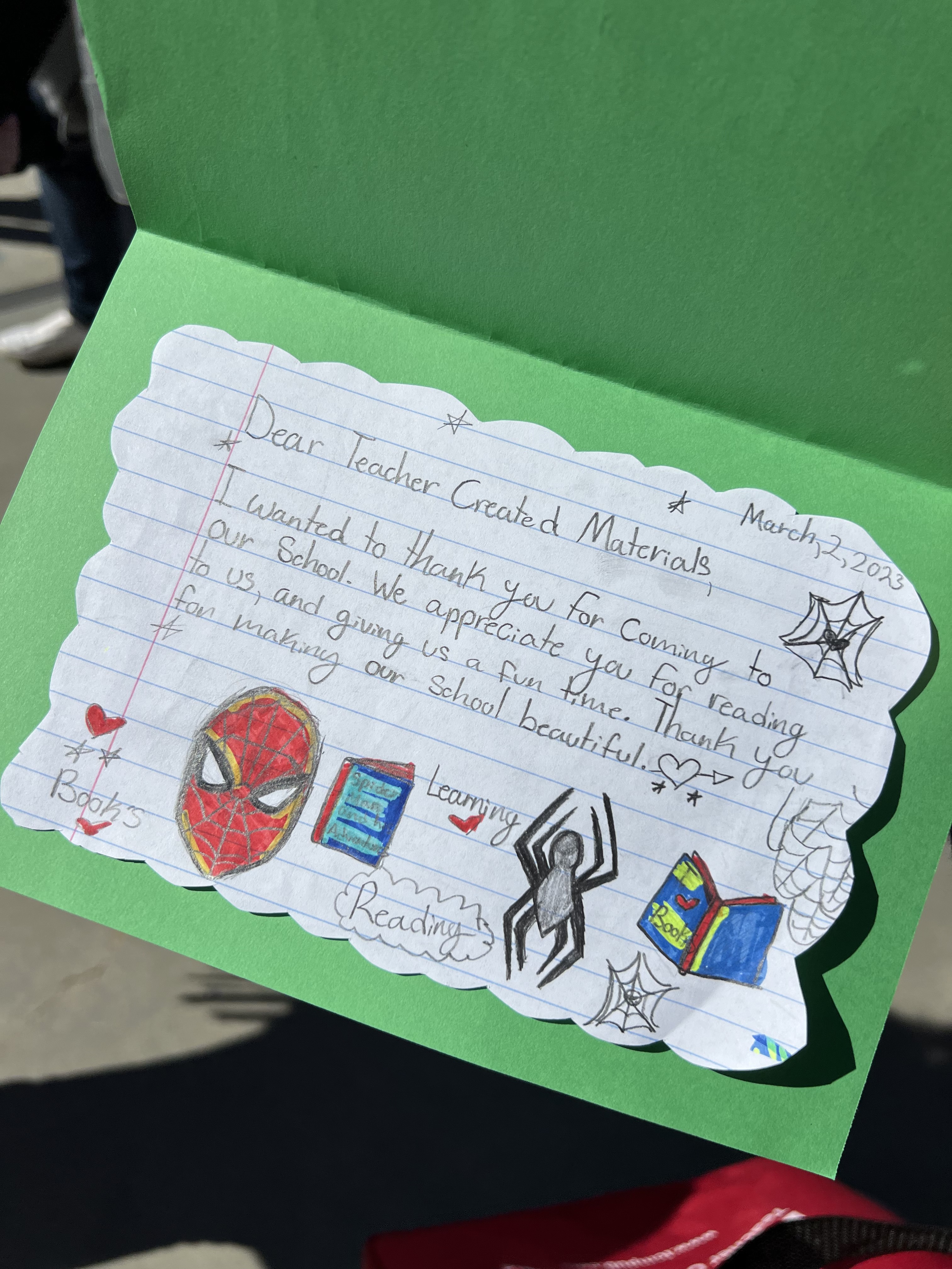 A thank you note from students after Read Across America.