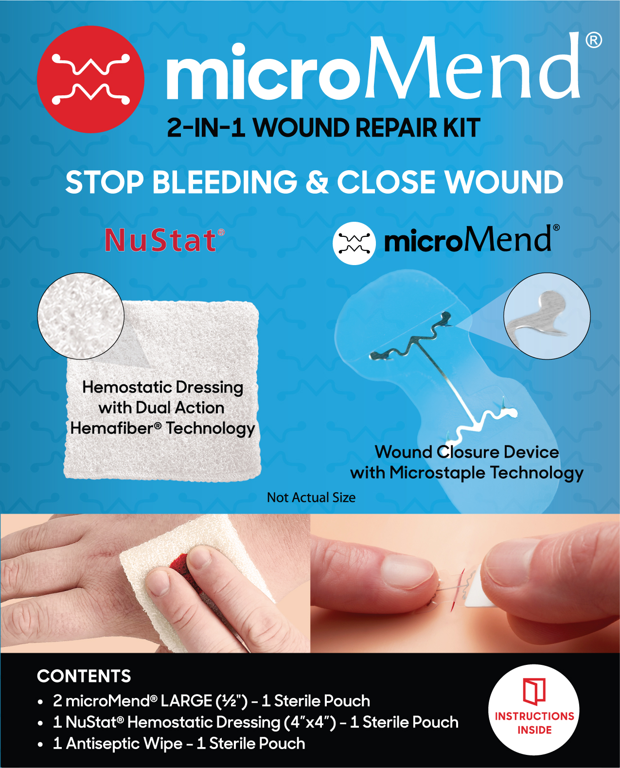 The microMend 2-in-1 Wound Repair Kit enables consumers to stop the bleeding and close the wound without a trip to the ER or urgent care.