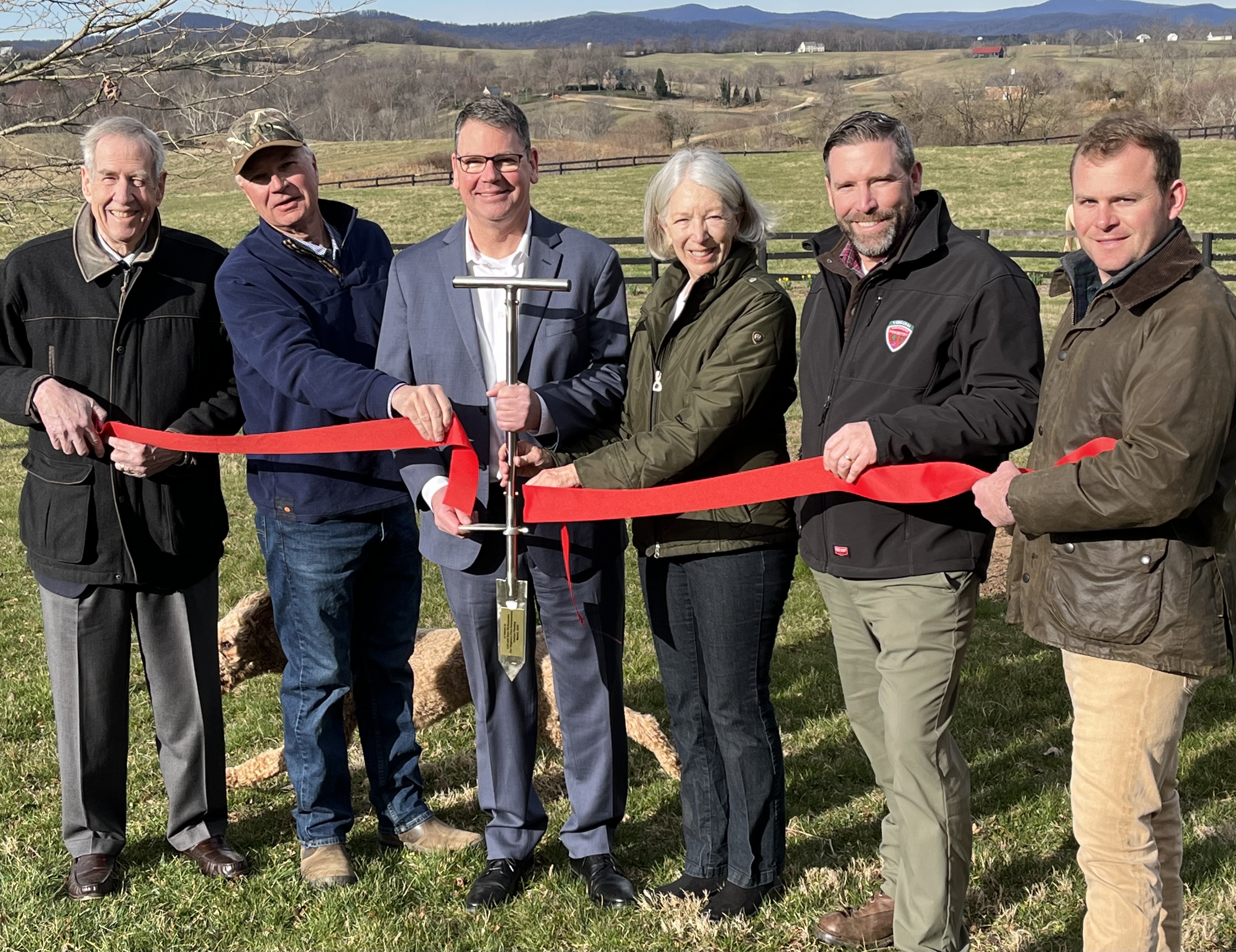 L-R: Dutch Van Voorhis, GreenTrees; Sean McGuinness, landowner; Matthew Lohr, Va. Sec. Ag. & Forestry; Lori McGuinness, landowner; Terry Lasher, Va. Asst. State Forester; Andrew Richards, GreenTrees