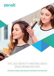 A hairdresser and customer on the cover of the 2023 benchmark report