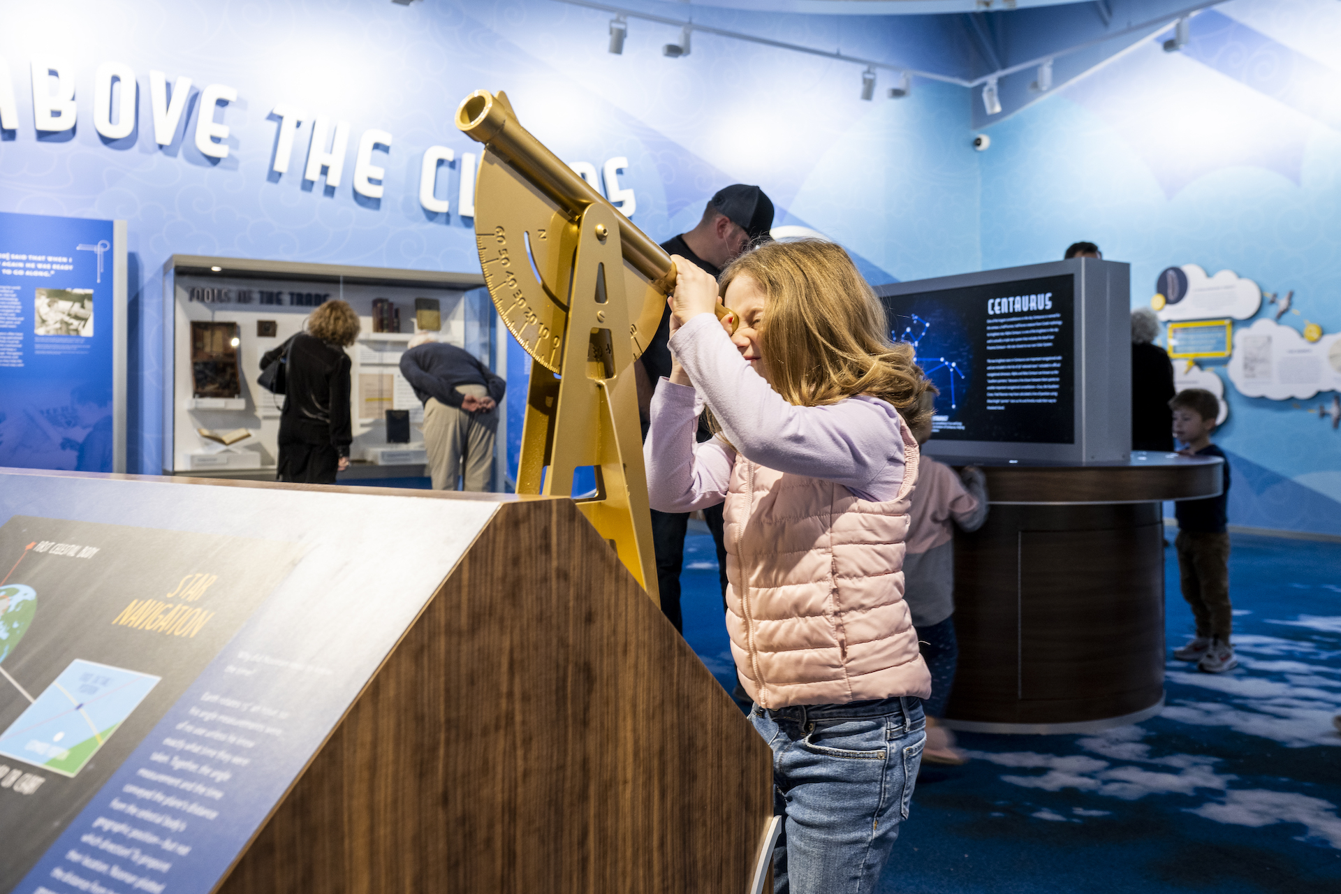 Visitors explore how Amelia and her navigator, Fred Noonan, flew around the globe relying on radio waves, a sextant, and quick calculations to navigate the sky.