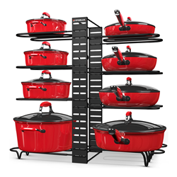 STORLUX Pots and Pans Organizer in use inside a kitchen cabinet.