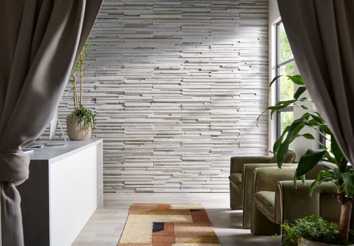 Eldorado Stone’s Rivenwood, shown in the Shore Breeze colorway, employs textural diversity and intricate imperfections to highlight a weathered, sawcut wood-look in contemporary spaces.