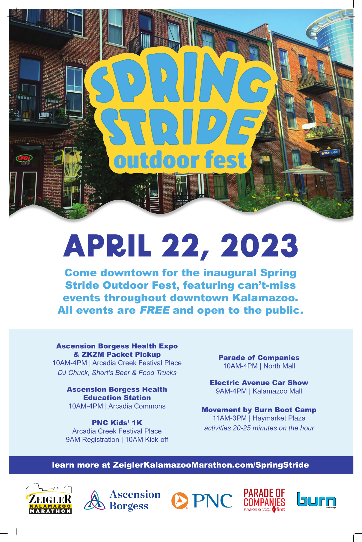 The inaugural Spring Stride Outdoor Fest will coincide with the Zeigler Kalamazoo Marathon with various shared activities including the Marathon’s Ascension Borgess Health Expo