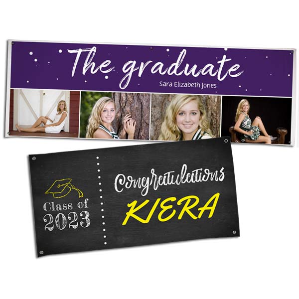 Creating a graduation banner is easy: Just upload the best school and senior year memories to commemorate the occasion.