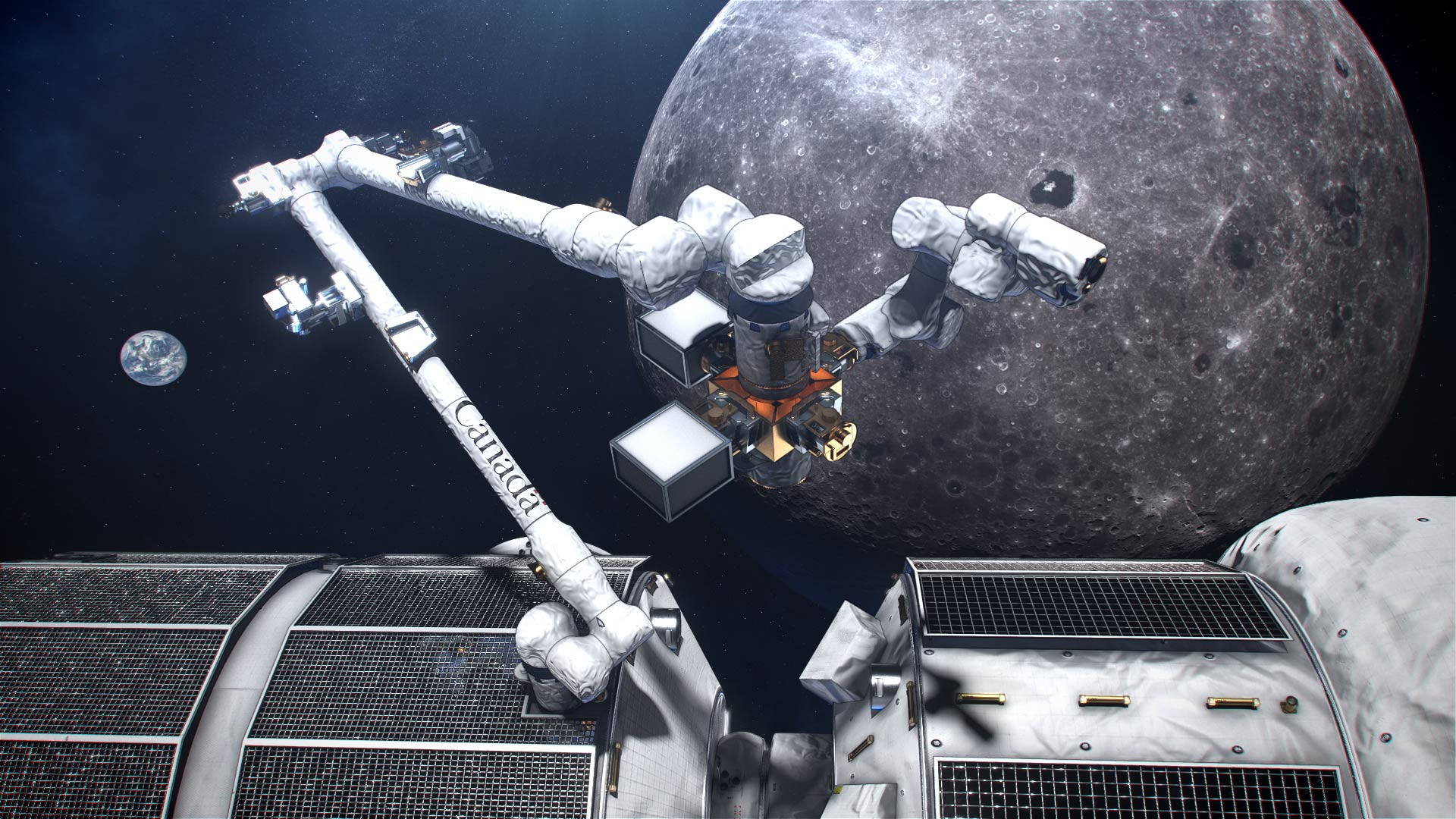 An artist's concept of Canadarm3, Canada's smart robotic system, located on the exterior of the Gateway, a small space station in orbit around the Moon. (Credits: Canadian Space Agency, NASA)