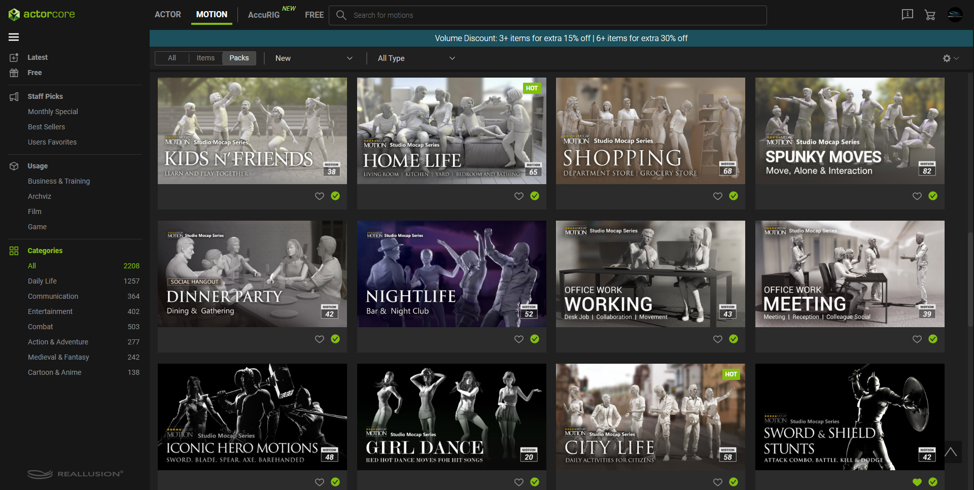 Over 2,200 motions pertaining to 35 themes are available in the ActorCore 3D store.