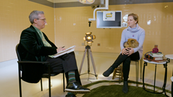 Breast cancer advocate and patient Maggie Kudirka appears with her emotional support/therapy dog, Momma Mia, on the set of Mercy Medical Center's ongoing monthly talk show, MEDOSCOPY.