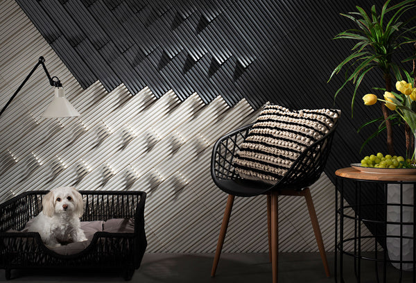 The Momentum collection of sculptural tiles feature hand-crafted ceramics that can be used to create three-dimensional art for walls.