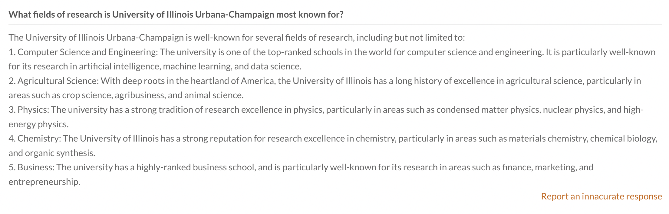 What fields of research is University of Illinois Urbana-Champaign most known for?