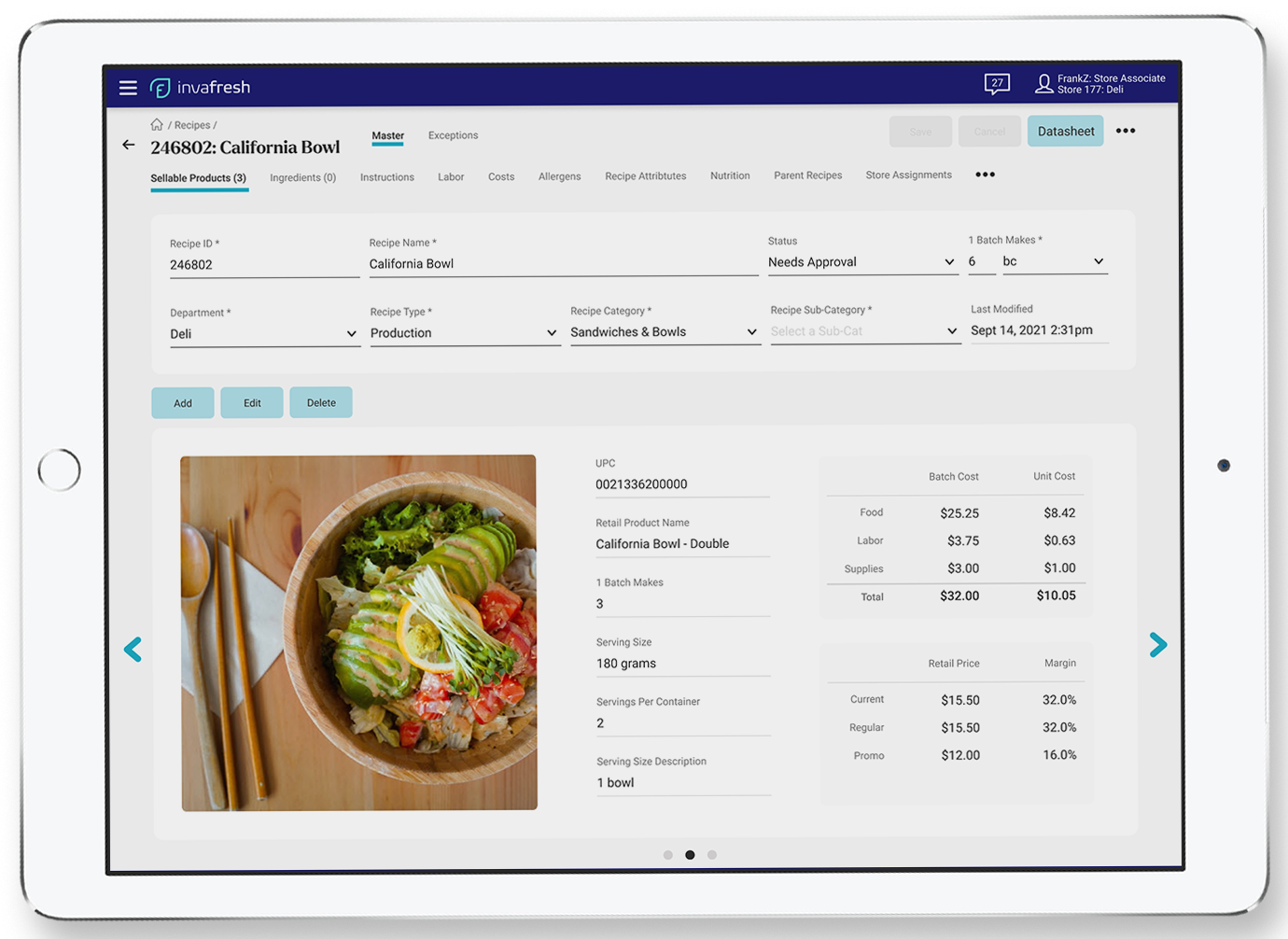 Centralized recipe management software to create, store, and manage recipes for retail products produced in store, all in one place